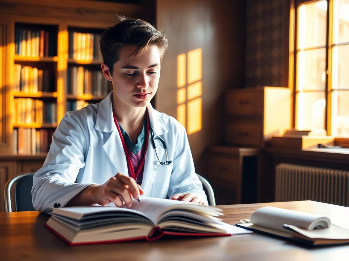 Medical student studying an anatomy textbook by window light